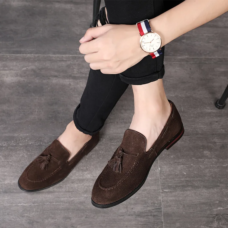 Men\'s Casual Suede Leather Shoes Mens Driving Loafers Light Moccasins Men Trendy Tassels Party Wedding Flats EUR Sizes 38-48