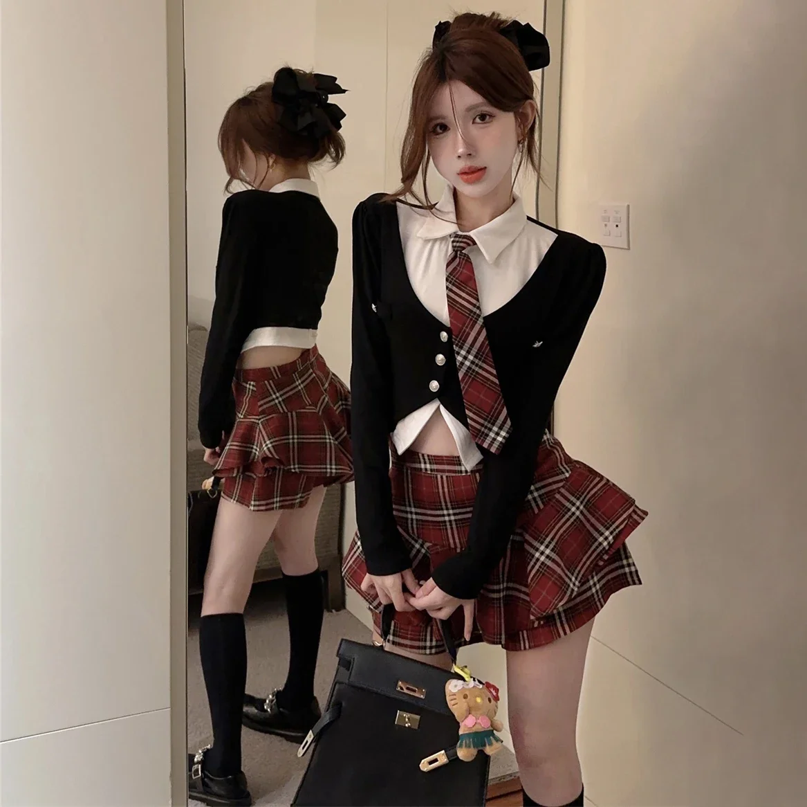 

Spicy Girls Uniform Set Women Team Uniform Spring Academic Style Neck Sexy Mini High Waist Plaid Culottes Skirt Red Plaid