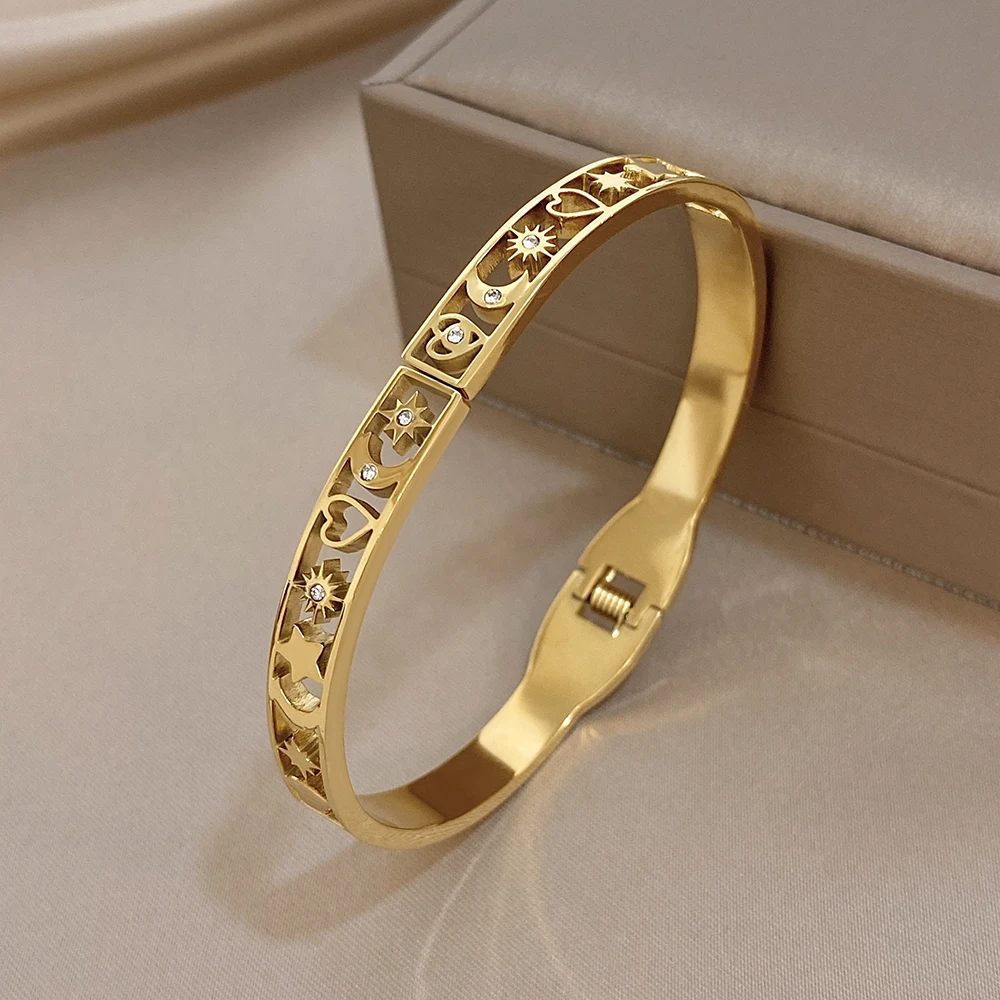 Greatera Heart-shaped Moon Star Shape Rhinestone Spring Bracelet For Women Men Classic Hollow Out Design Waterproof Open Bangle