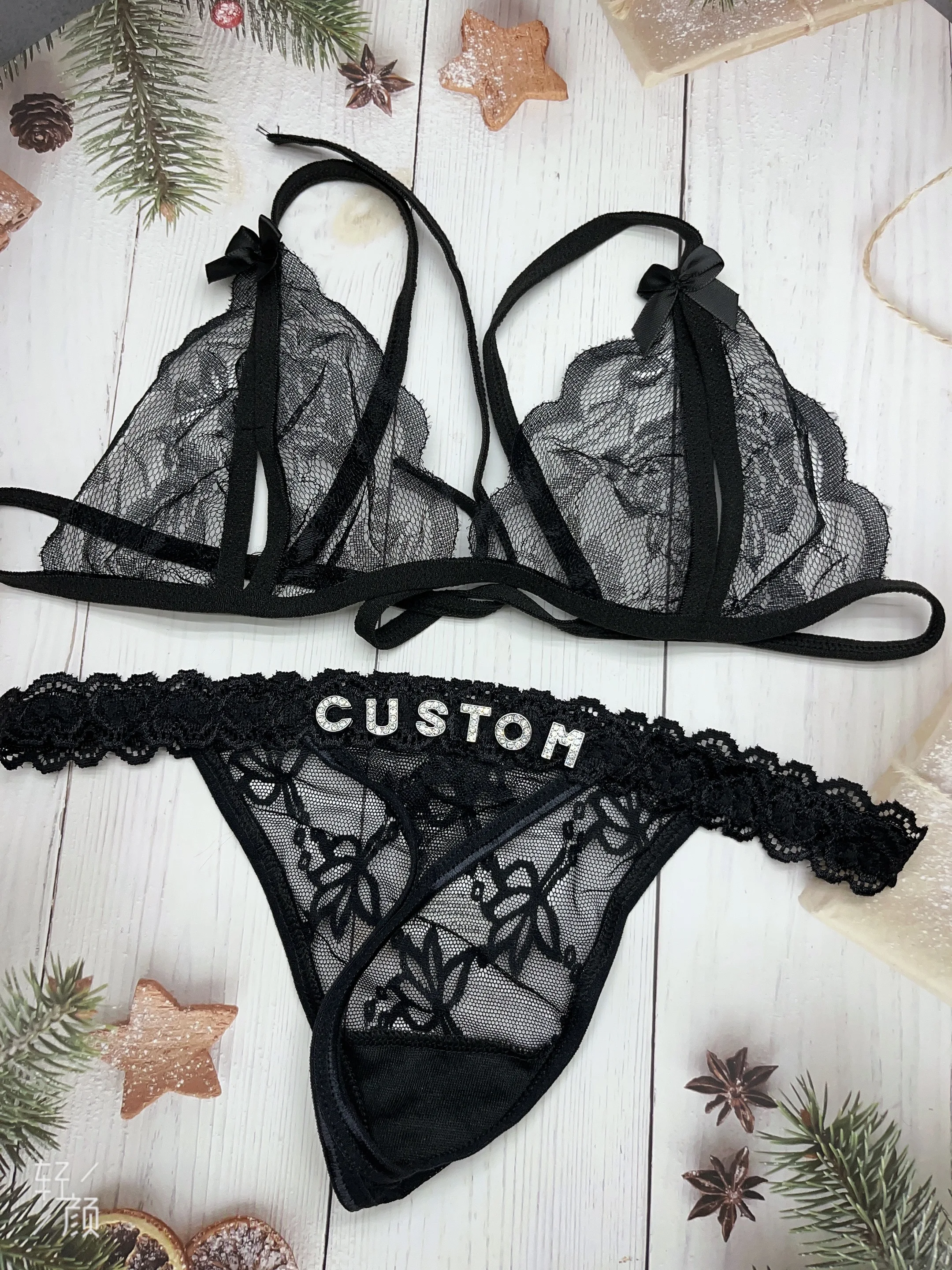 Custom Lingerie Thong With Name Bikinis Sets For Women Sexy Bra G-string Crystal Letters Valentine\'s Day Gift Underwear Outfit