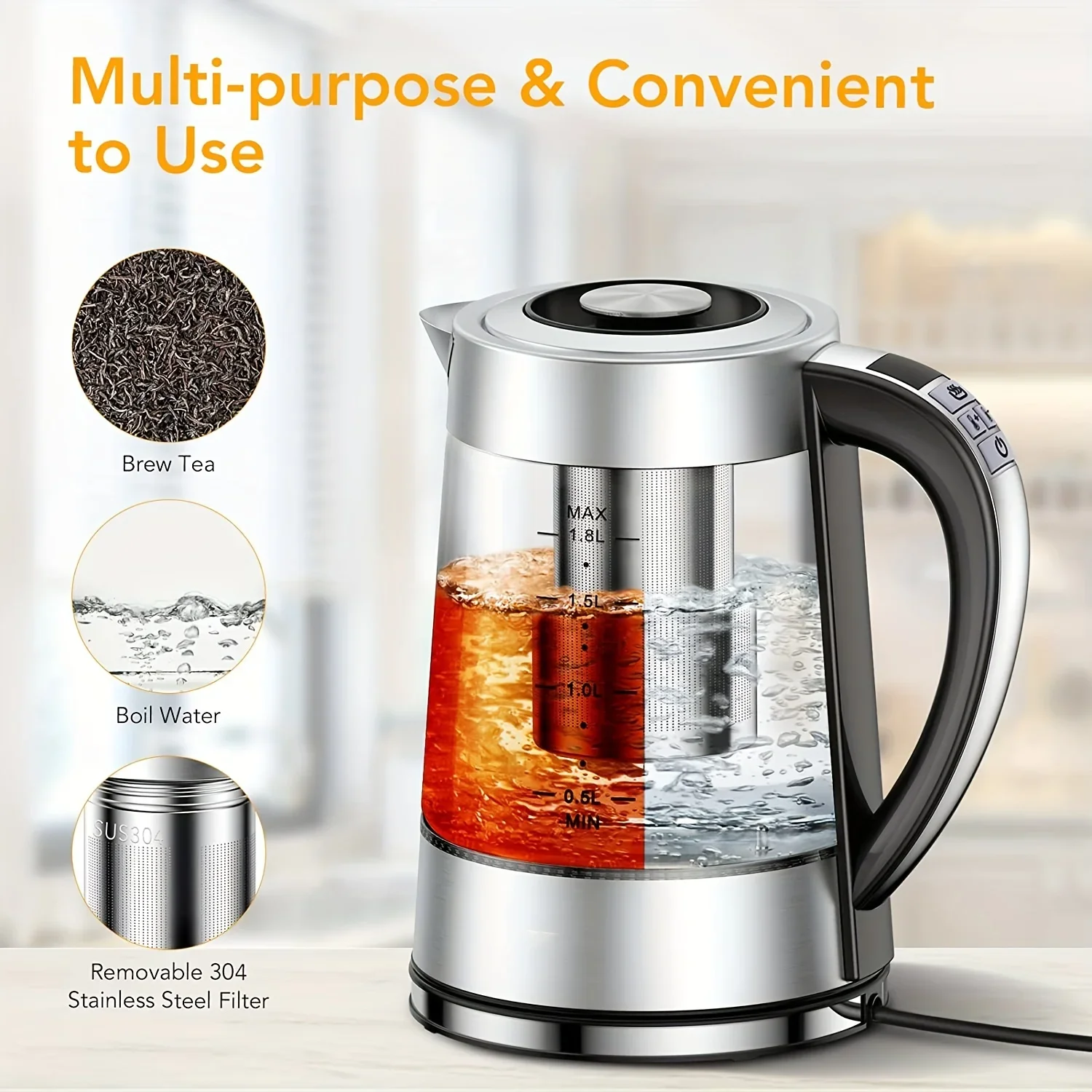 1.8L Electric Kettle with 12 Temperature Settings and 24 Hour Insulation - Stainless Steel Strainer