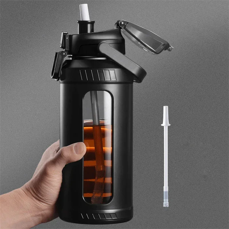 Large Capacity 2L Water Bottle Glass Bottle with Removable Straw, High Borosilicate Glass Water Bottle with Carry Handle for Gym