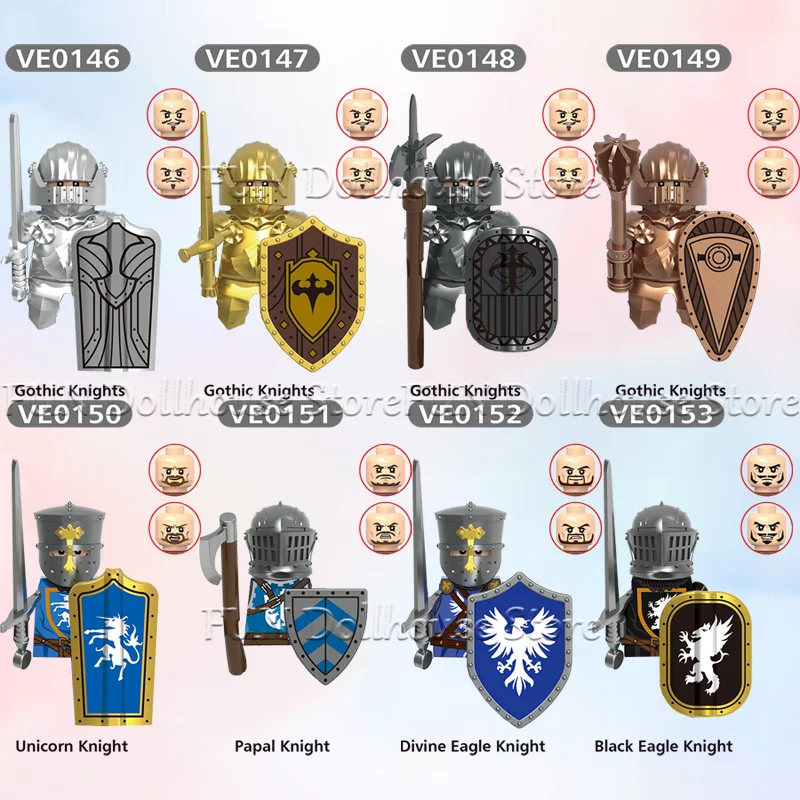 Image of MOC Mittelalterliche Militärburg Gotische Ritterrüstung Soldatenfigur Baustein Schwarzer Adler Krieger Schild DIY Bausteine Jungen Spielzeug Geschenk