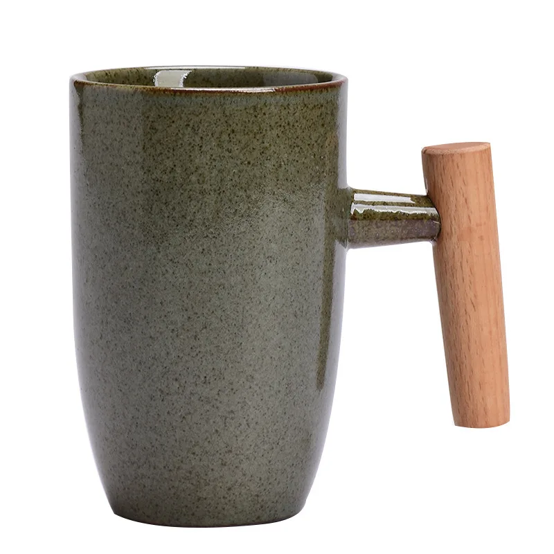 350ML Creative Japanese Ceramic Coffee Cup Kiln Changed Wooden Handle Handle Latte Mug Large Capacity Water Cup Retro Tea Set