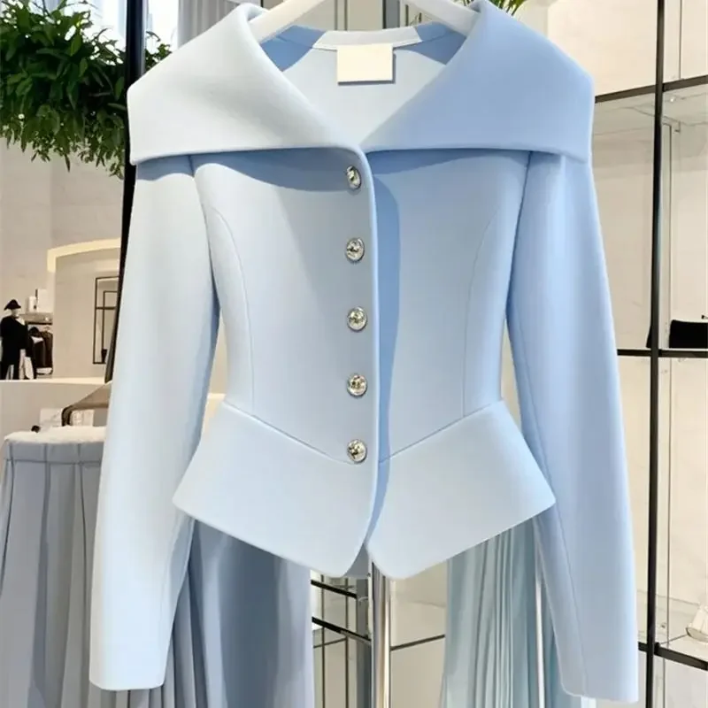 New Spring Autumn High End Blue Blouse Women Fashion Design Hem Irregular Shirt Large Lapel Long Sleeve Slim Single Breasted Top