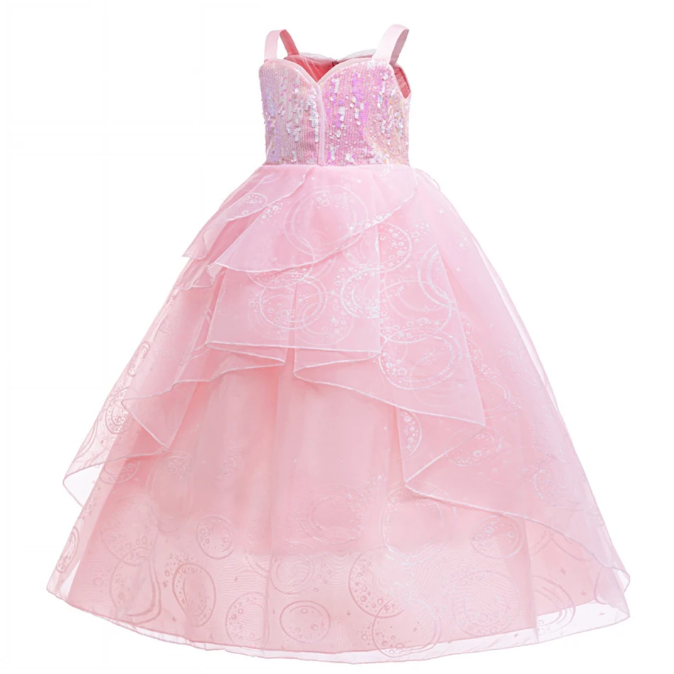 Girls Pink Sequin Mesh Princess Dress Child Glinda Witch Cosplay Gown Kid Birthday Halloween Party Clothes Fantasy Shiny Costume
