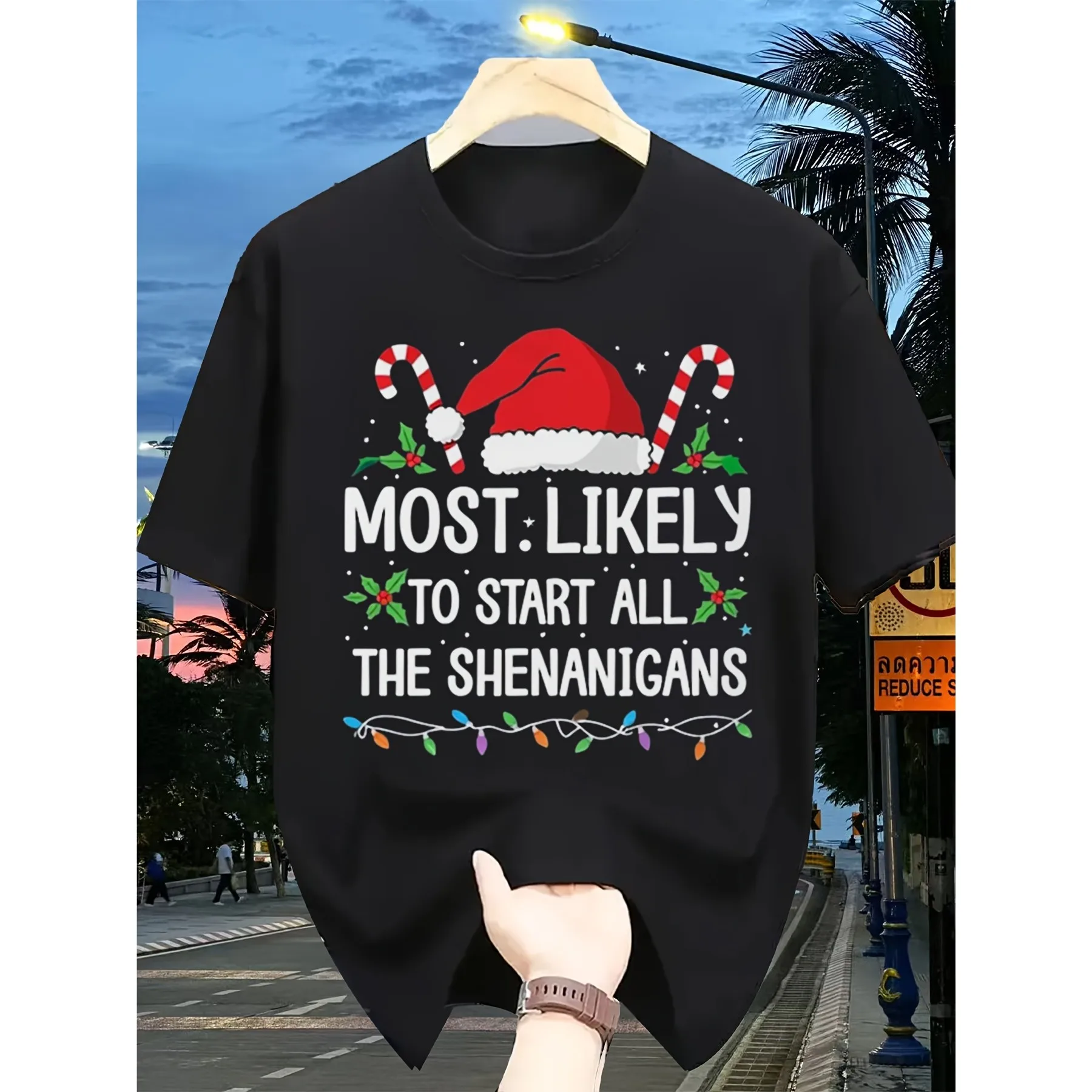 Funny Christmas Most Likely To Start All The Shenanigans T-Shirt Santa Hat Candy Cane Graphic Casual Holiday Tee Unisex