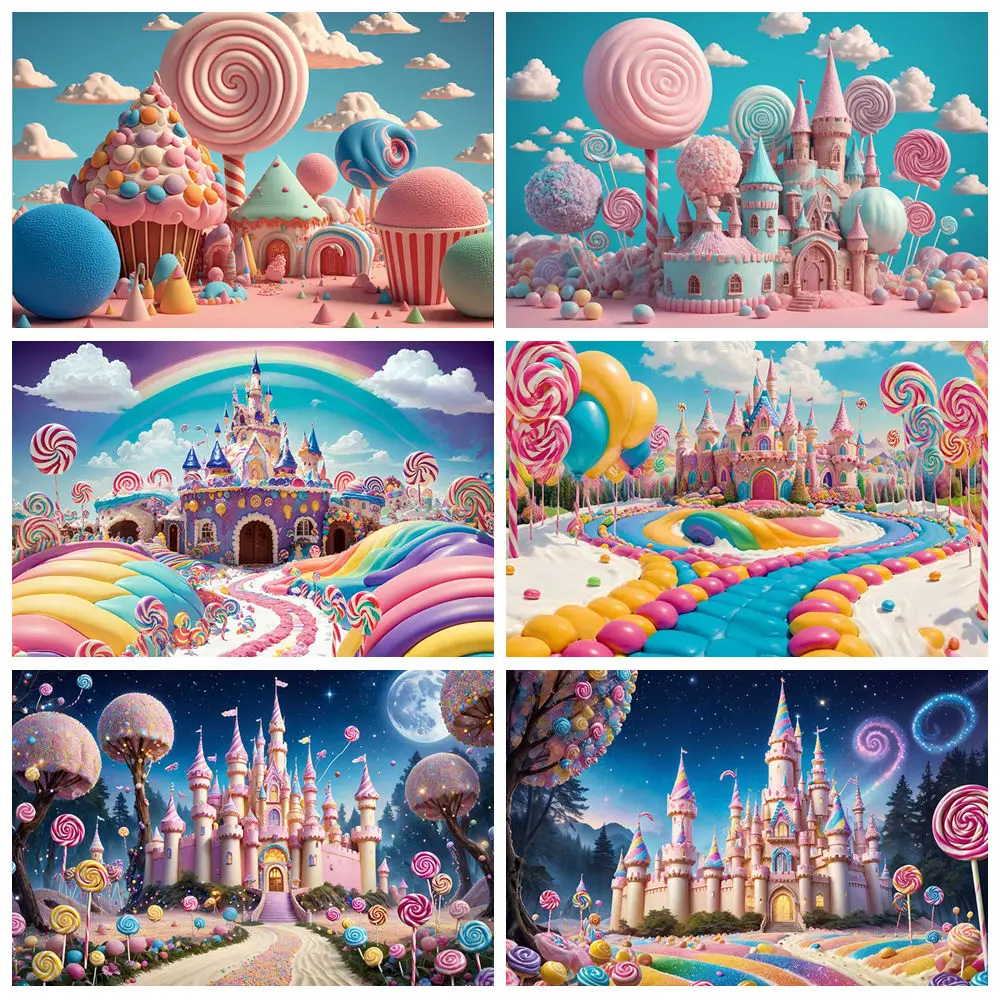 

MOON.QG Baby 1 Year Birthday Photozone Backdrop Candyland Candy Bar Lollipop Donut Party Background Photography Photocall Props