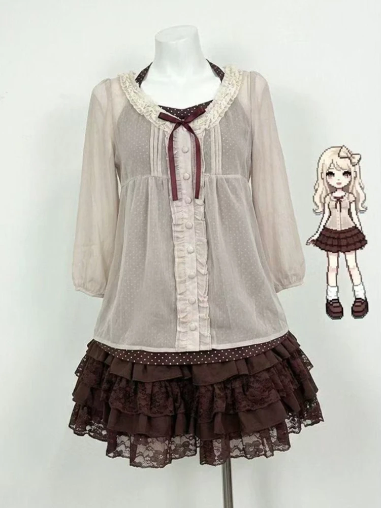 Japanese Y2K Harajuku Lolita 3 Piece Matching Outfits Ladies Ruffle Decor Cardigan Casual Vest Sweet Mini Skirt Party Daily Suit