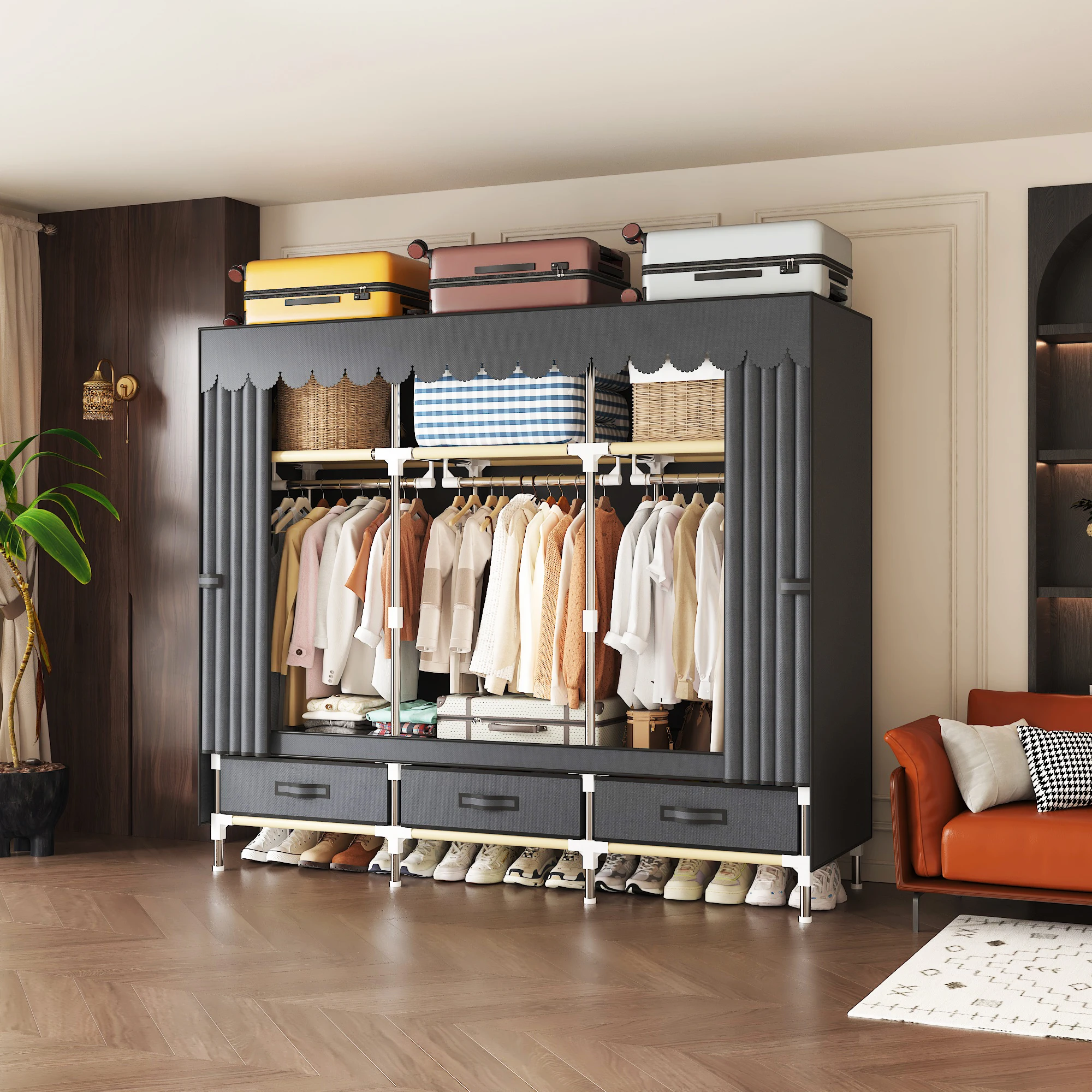 64.96 Inch Fabric Wardrobe Closet, Portable Closet with Zipper Door & Multi-Layer Storage Foldable Closet Organizer for Bedroom