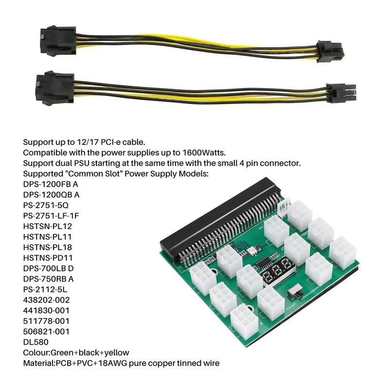 Power Module Breakout Board Kits With 12Pcs 6Pin To 8Pin (6+2)Pin Power Cable For HP 1200W 750W PSU GPU Mining Ethereum