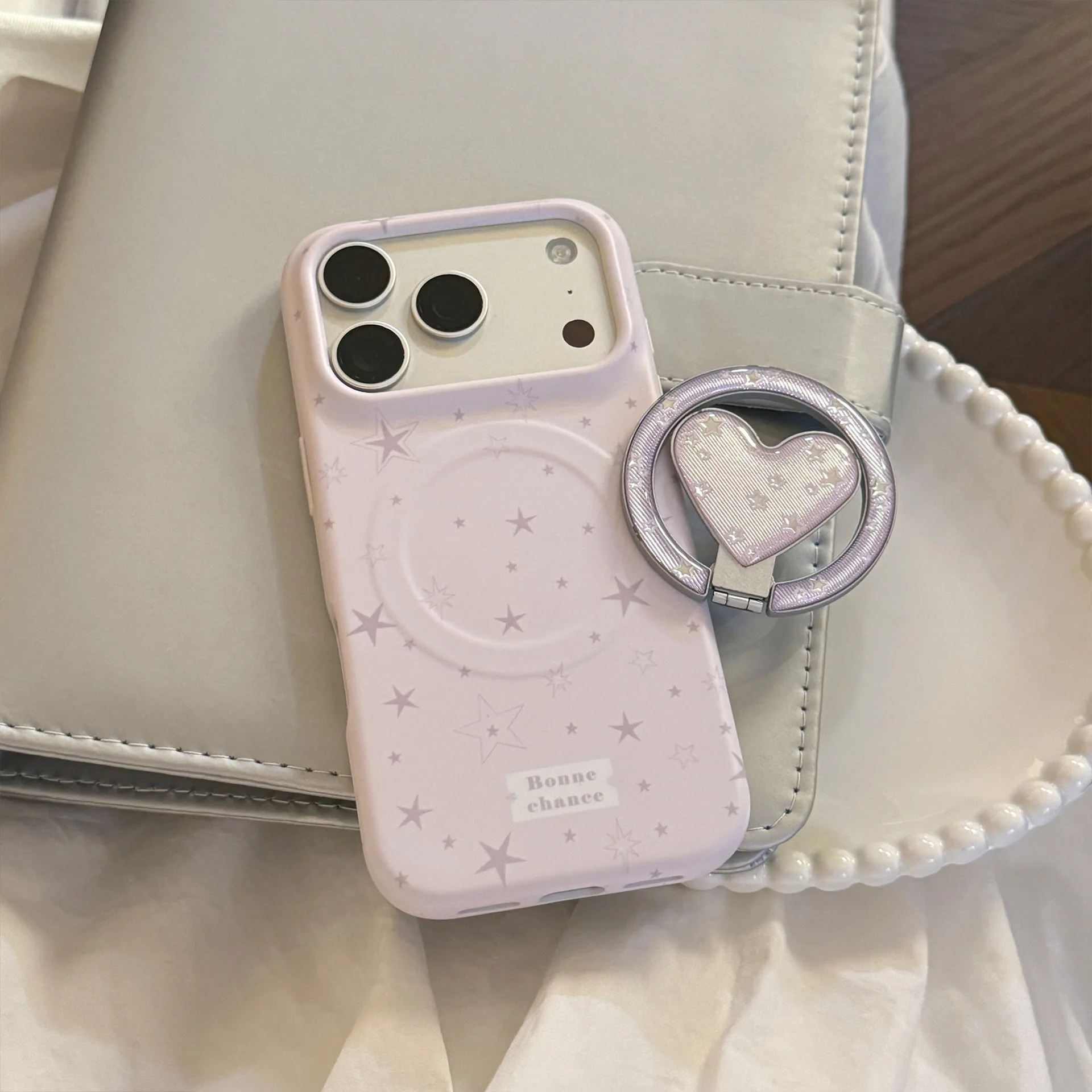 Korean Purple Stars Fold Love Heart Magnetic Bracket Phone Case for iPhone 17 16 15 14 Pro Max Shockproof Protective Soft Cover view 6