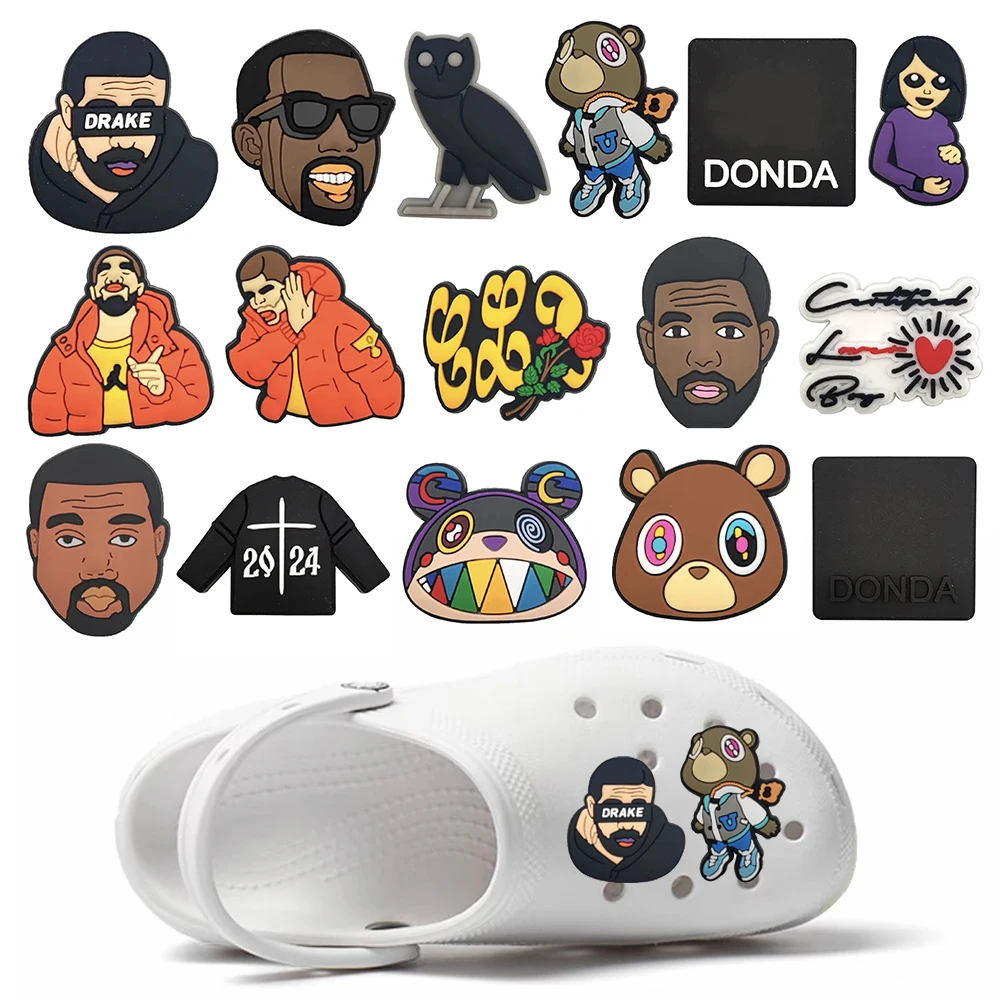 16pcs Rapper Kanye West Shoe Charms Set Shoes Accessories Decorations Buckle Fit Wristband Clogs Sandals Friend Gifts