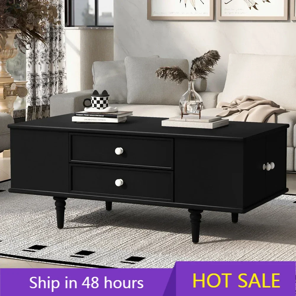 Rectangle Coffee Table with Four Drawers,Two Side Hidden Storage Compartments,Metal Handles，Four Solid Wood Legs, Coffee Table