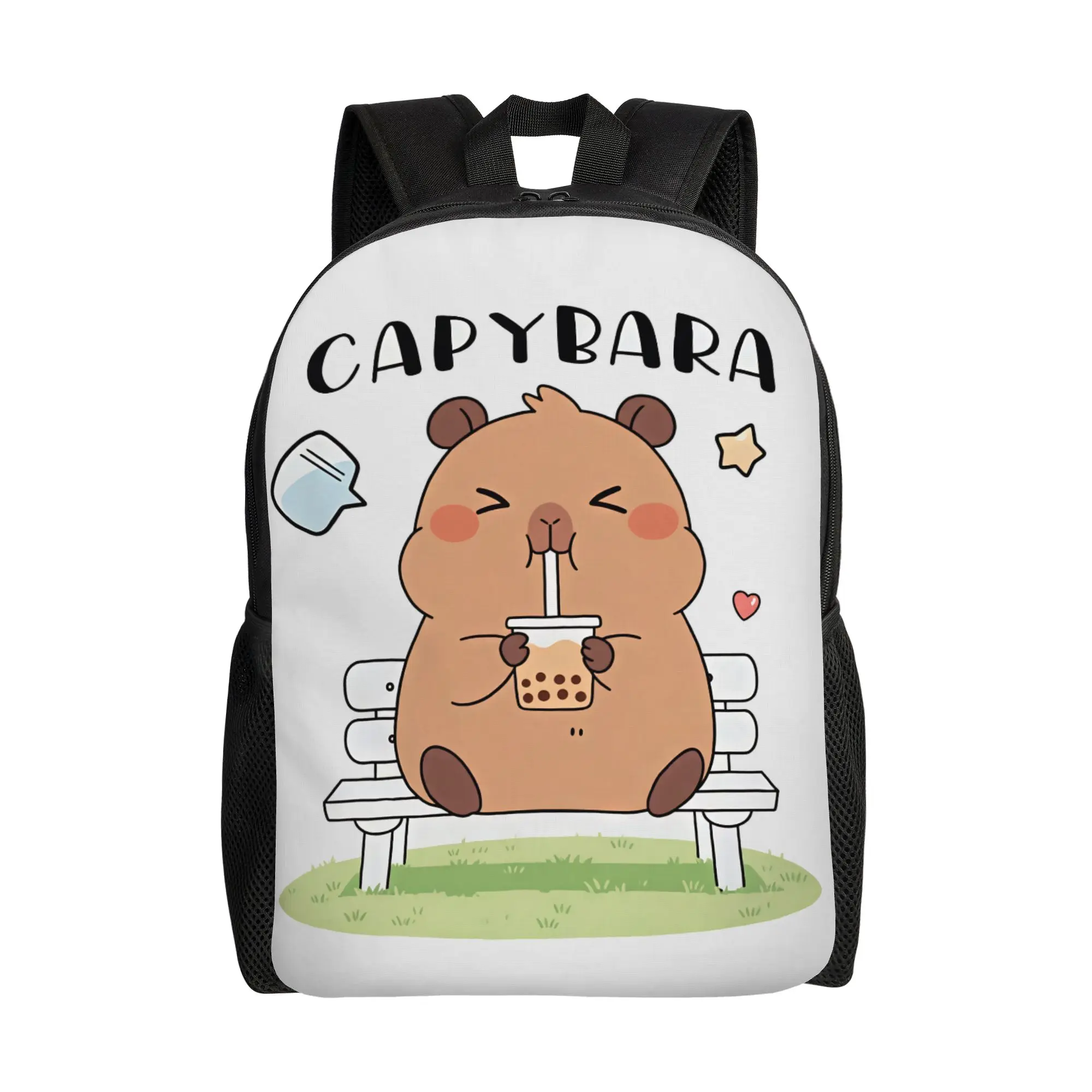 Capybara Sits On Bench Drinking Bubble Tea Cartoon Backpack  Daily Backpacks Women Men Streetwear High School Bags Big Rucksack