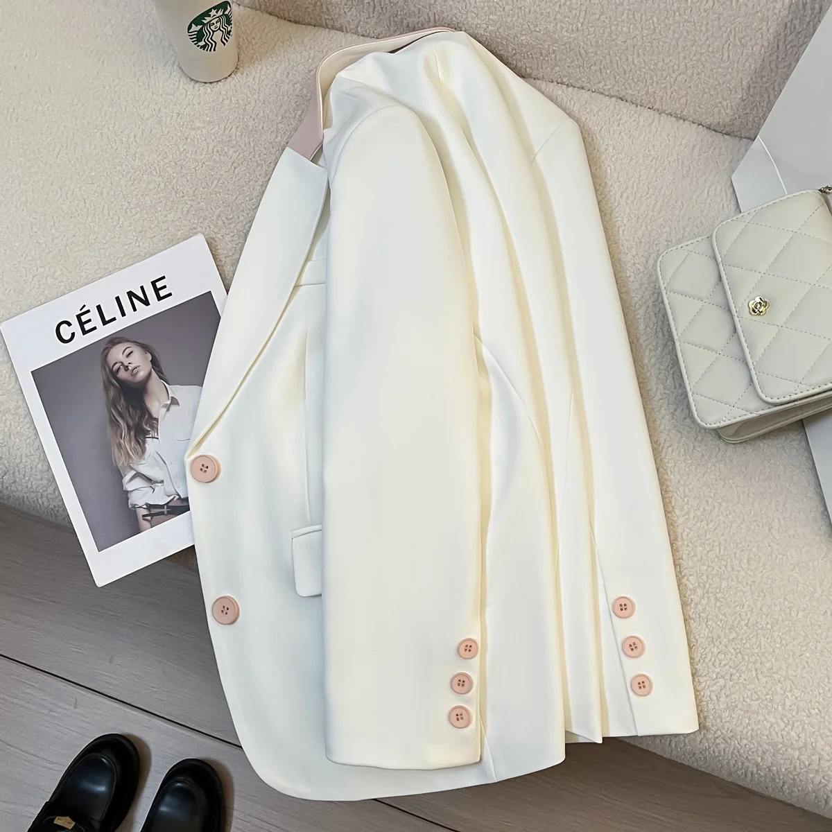 Popularne koreańskie ubrania w stylu old money, czarna marynarka damska, płaszcz damski, uniwersalny biały krótki rękaw, europejsko-amerykański, prosty.