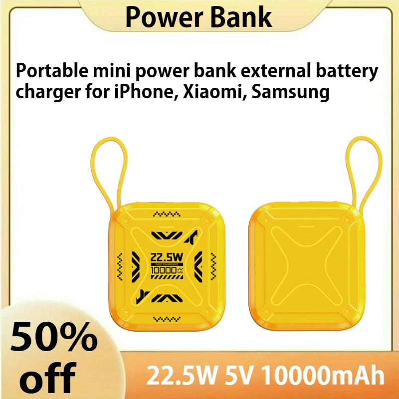 

22.5W 5V 10000mAh Charging Power Bank Built-in Cables Portable Mini Powerbank External Battery Charger for IPhone Xiaomi Samsung