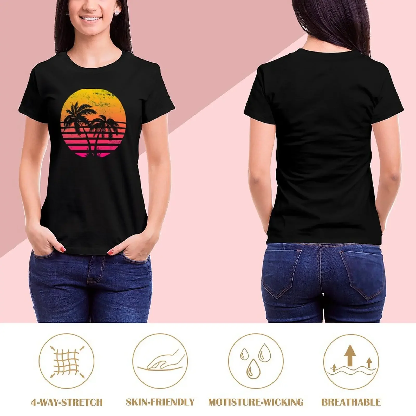 Retrowave Sunset With Palm Trees T-Shirt summer tops customs design your own lady clothes Woman fashion