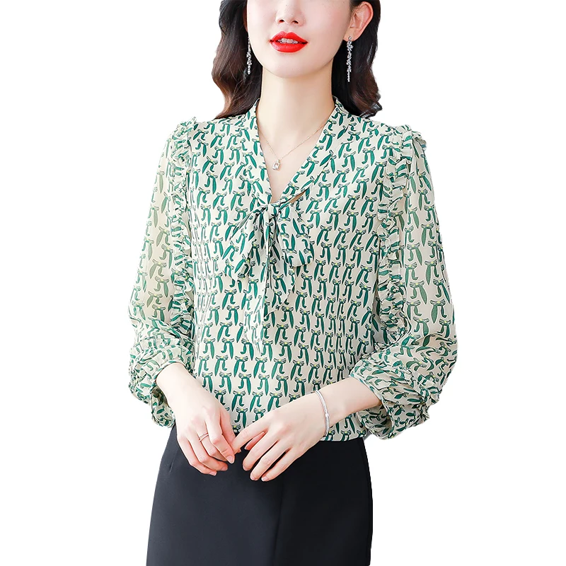 Elegant Fashion Bowknot Chiffon Shirt Summer Clothes New Fashion Printed Tops 3/4 Sleeve Women Blouse