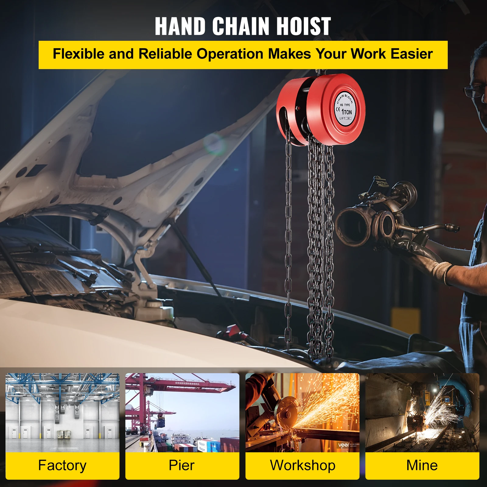 Hand Chain Hoist, 2200 lbs /1 Ton Capacity Chain Block, 10ft/3m Lift Manual Hand Chain Block, Manual Hoist with Industrial-Grade Steel Construction for Lifting Good in Transport & Workshop, Red