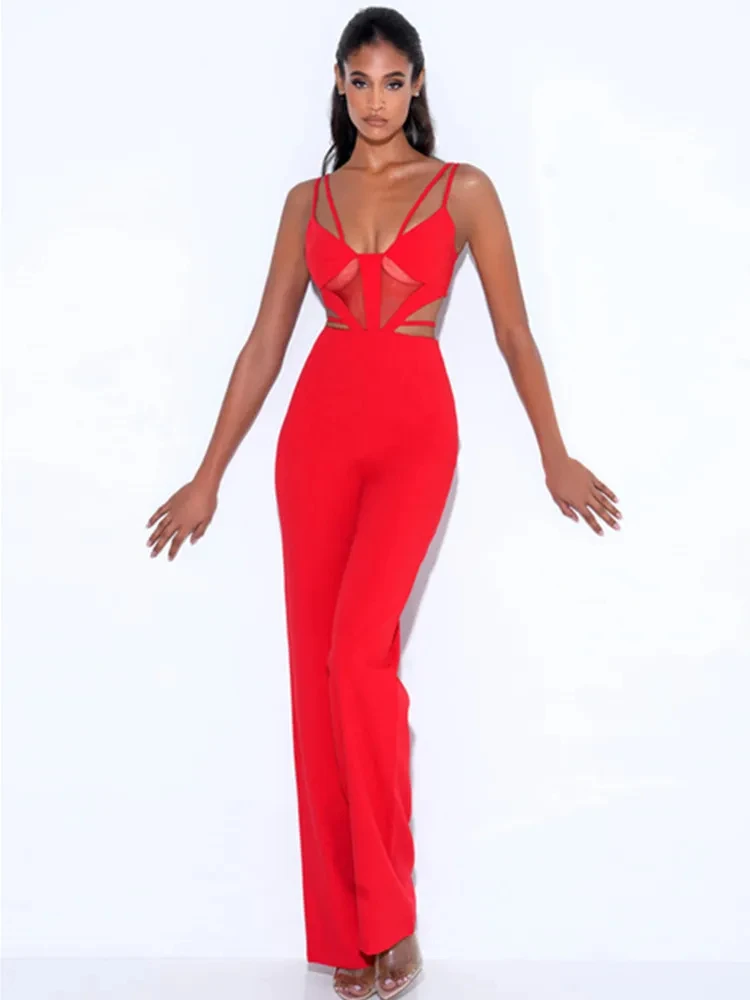 Women\'s Sexy V Neck Hollow Out Pink Bodycon Bandage Jumpsuit 2024 Summer Celebrity Designer High Street Rompers