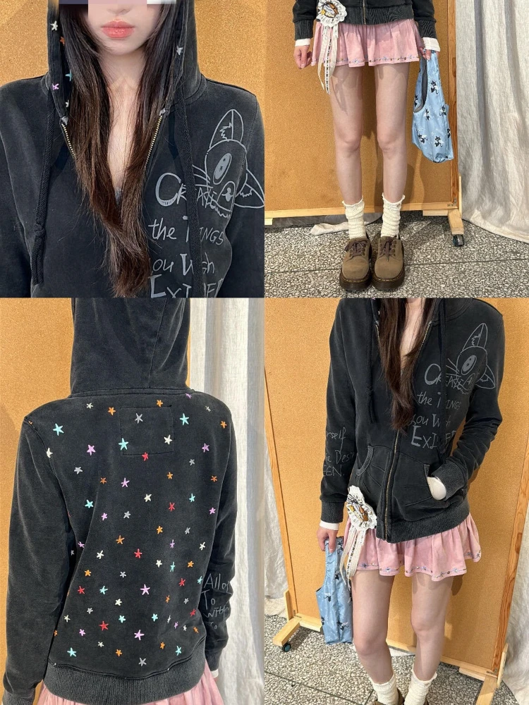 Y2k Aesthetic Cartoon Letter Printing Coat Women Vintage Hooded Drawstring Casual Tops Harajuku Grunge Slim Fit ​Pocket Jacket