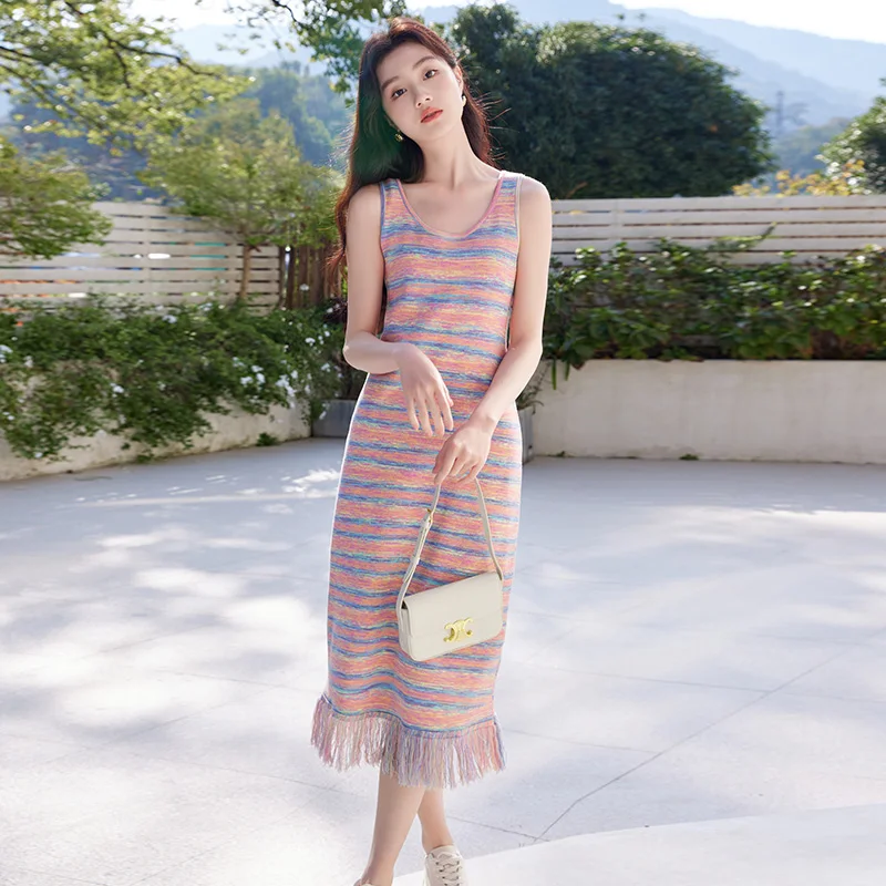 

Fragrance shadow rainbow skirt fringe knitted dress women's summer new sundress seaside holiday long dress