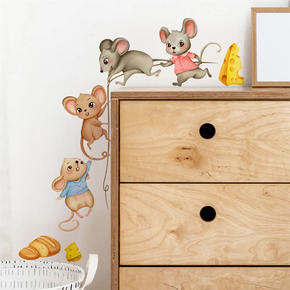 Cartoon Mouse Cheese Wall Sticker Kitchen Bedroom Funny Mice Wall Decal for Playroom Home Decor