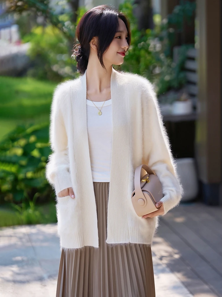 Grace feminino casual solto cardigan melhorado artesanato 100% lã merino camisola de malha outono inverno quente macio chique roupas topos