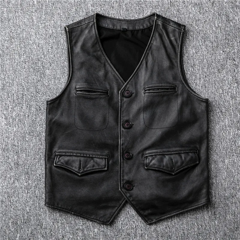 

Ami Khaki workwear retro distressed top layer cowhide genuine leather vest men's slim fit leather jacket
