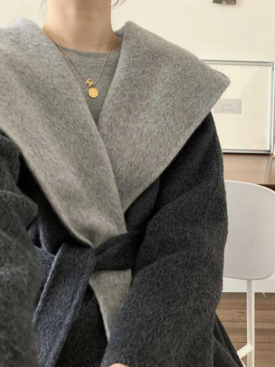 High End Quality Cashmere Coat Women'S Autumn And Winter New Handmade Double-Sided Woolen Contrasting Hooded Long Jacket