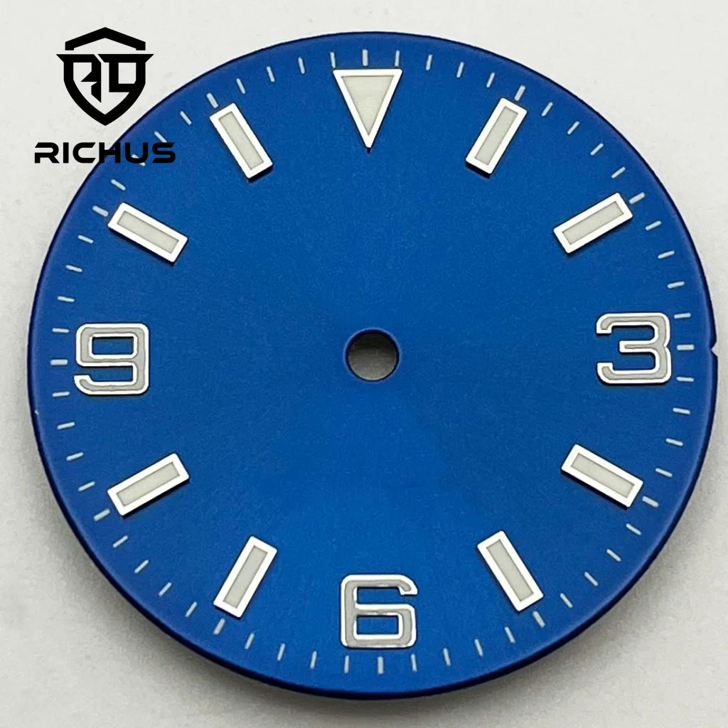 RICHUS 29 mm Zifferblatt, poliertes/gebürstetes Zifferblatt, blau-grün leuchtend, passend für NH34 NH35 NH36 ETA2824 2836 Miyota8215-DG Uhrwerk