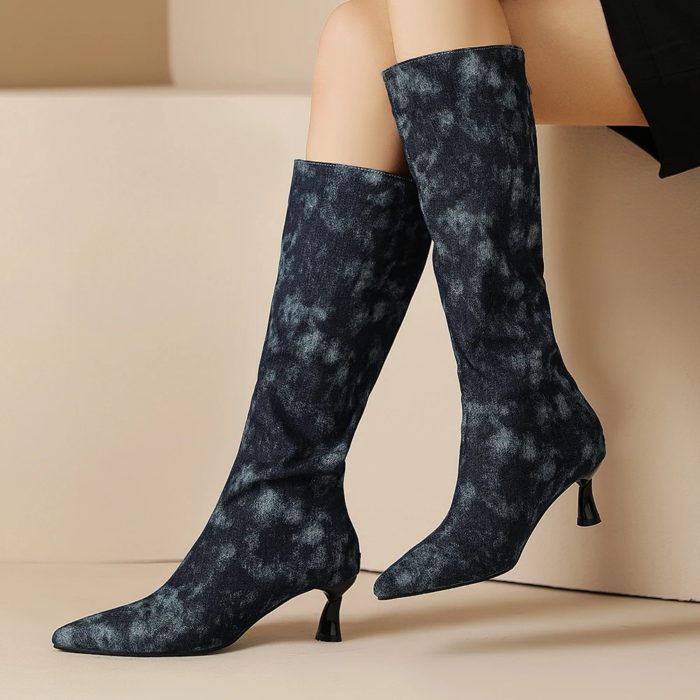 Blue Denim Knee High Cowboy Boots for Women 2025 Autumn Pleated High Heels Long Boots Woman Stiletto Heeled Jeans Botas Shoes