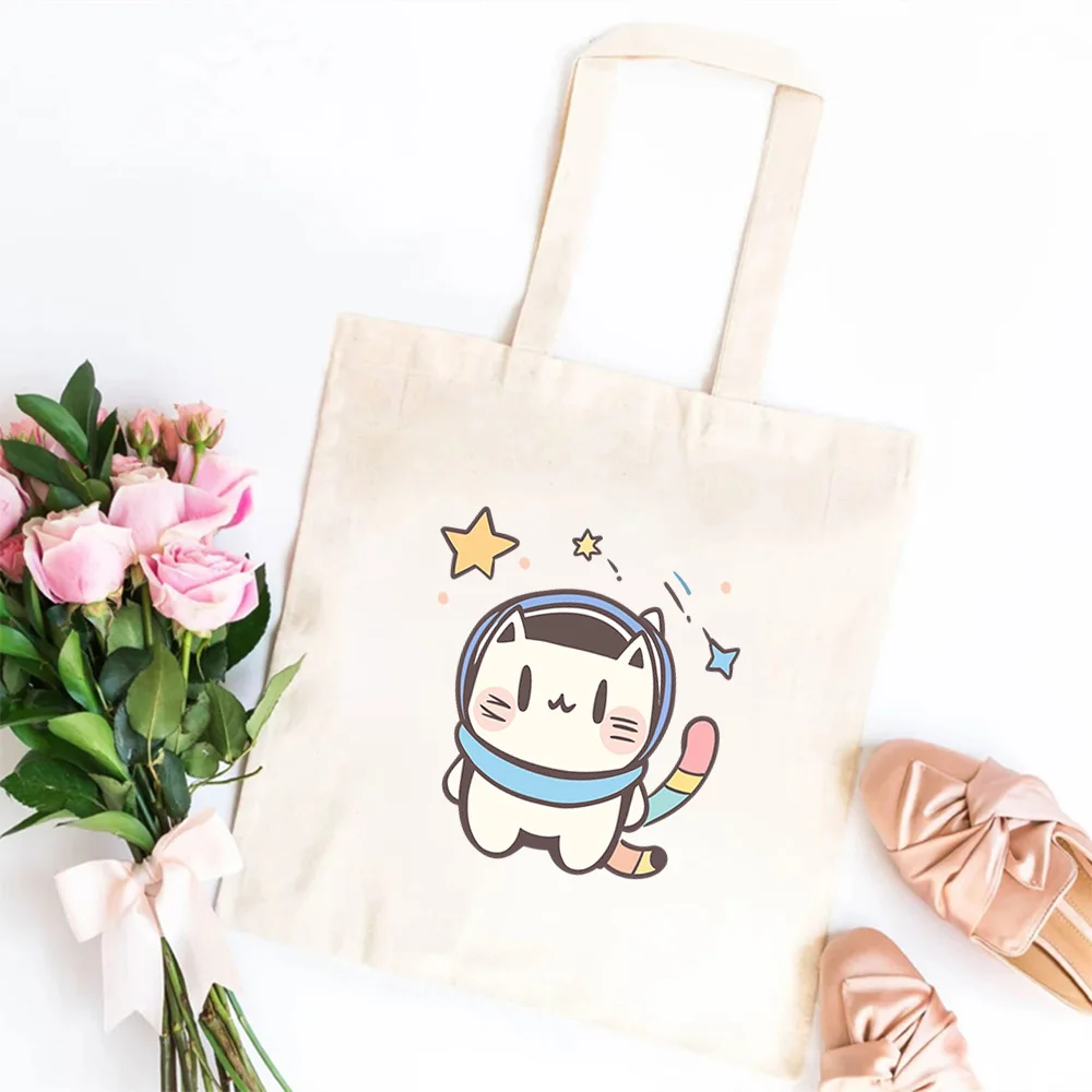 

Kitten Graffiti Style Tote Bag Black & White - Playful Doodle Print Canvas Reusable Shopping Bag, Spacious Carryall Organizer