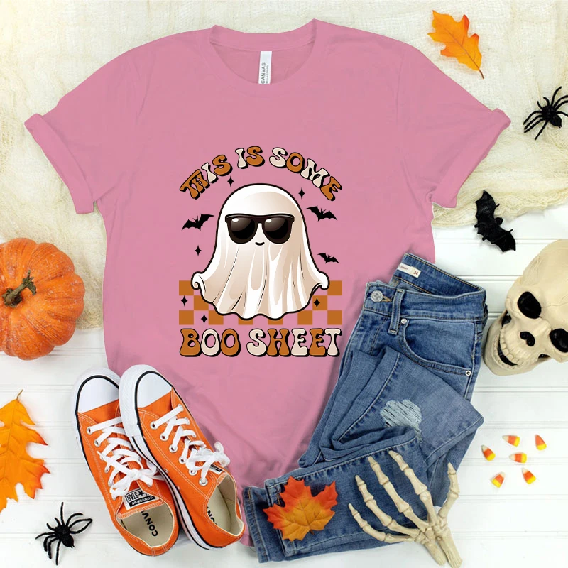 (Premium T-shirt)New Halloween This Is Some Boo Sheet Print T-Shirt Women Fashion Short Sleeve Casual Summer Tops Tees