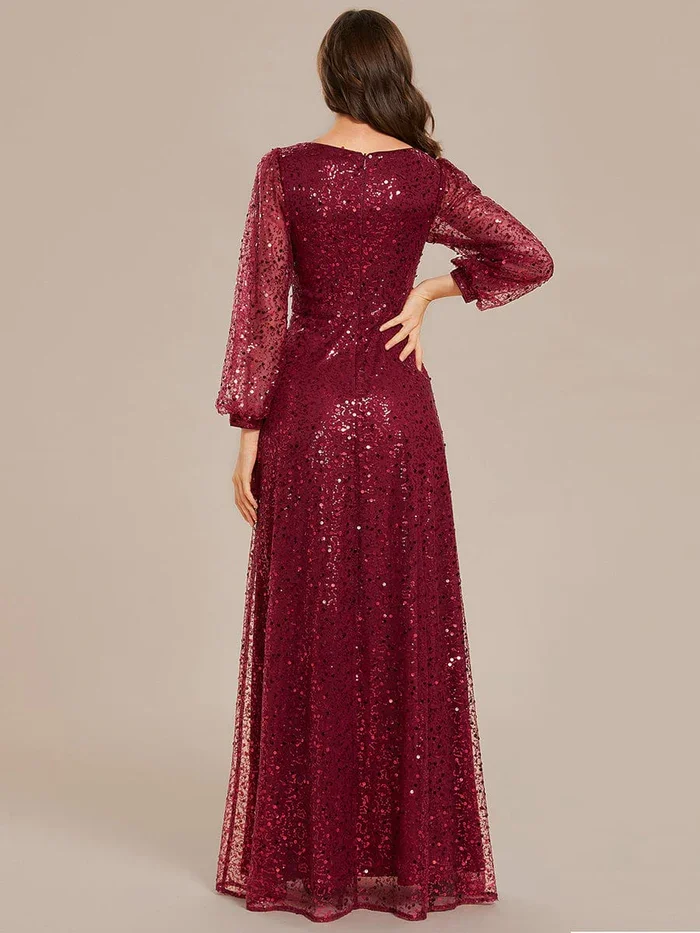 Elegant waisted chiffon Shimmering All Over V-Neck Long Lantern Sleeve Sequin A-Line Evening Dress