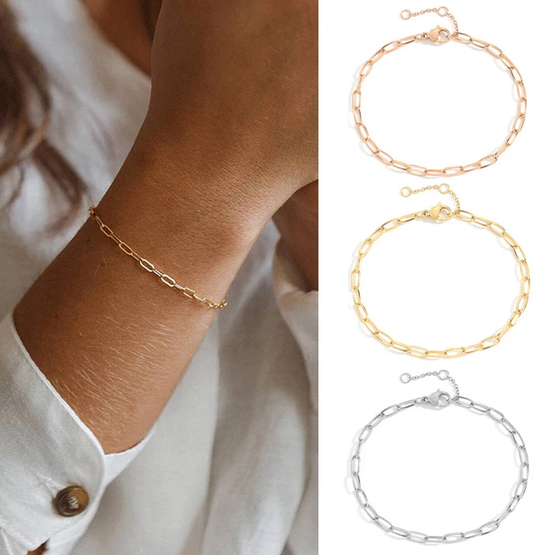 CARLIDANA Mode Edelstahl Vergoldet Büroklammer Armbänder Frauen Männer Cuban Link Mesh Kette Armband Einfache Schmuck