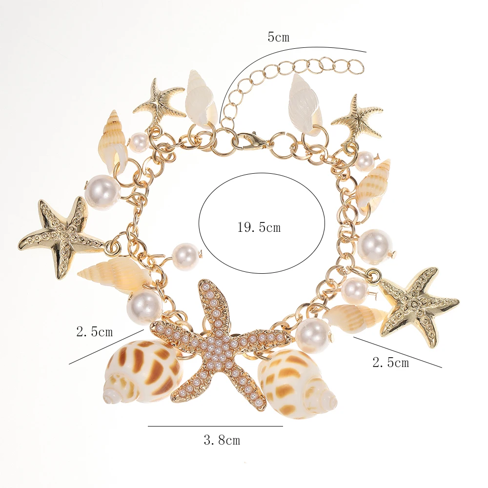 Heißes Armband mit Meeresmotiv für Damen, Seestern-Muschel-Anhänger mit Simulationsperle, Verstellbares Armband, Schmuckgeschenk für die Freundin – Detail 3