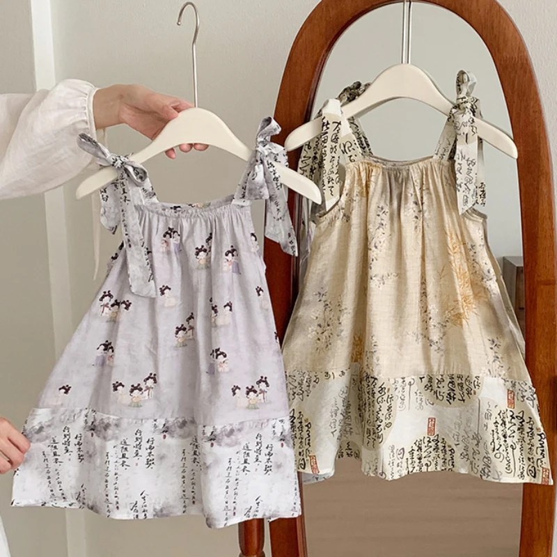 New Chinese Style Thousand Character Hanging Strap Dress Summer Girl Breathable Beach Skirt Children's Gift Party Formal Attire