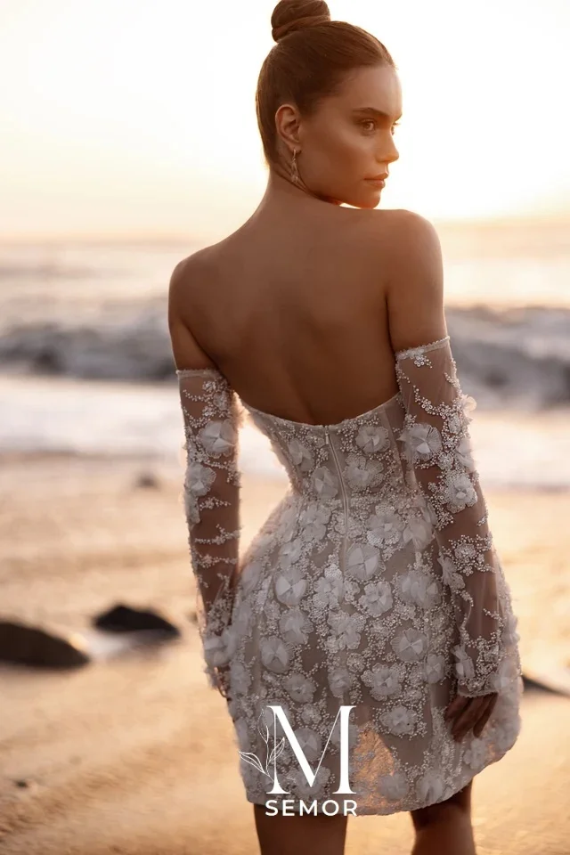 Semor Elegant Floral Lace Short Beach Wedding Dresses Strapless Detachable Long Sleeves Mini Civil Bridal Gowns Customized