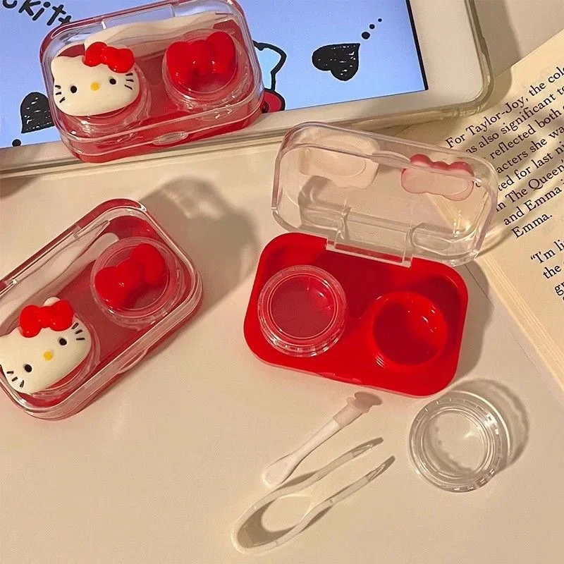 New HelloKittys Contact Lens Case Transparent Red Cartoon Kawaii Portable Nearsighted Contact Lens Case Girl Travel Gifts