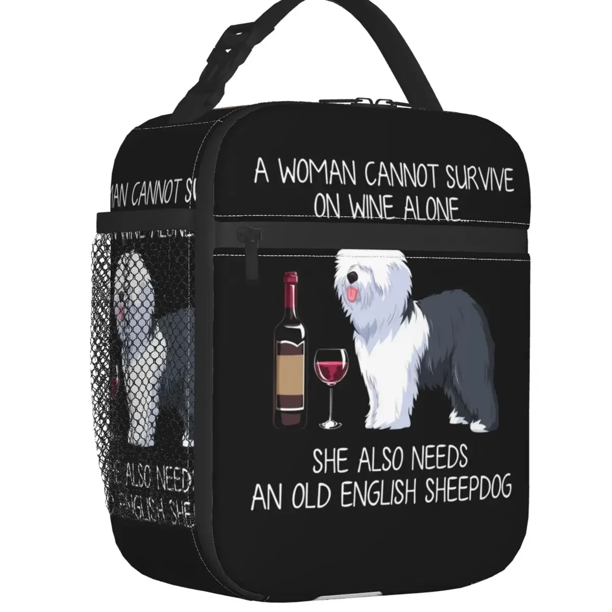 Old English Sheepdog And Wine Thermal Insulated Lunch Bag Funny Dog Animal Lunch Container Work School Travel Storage Food Box