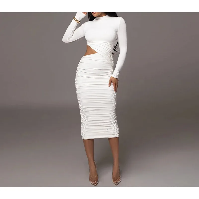 캐주얼 여성 드레스 패션 섹시 솔리드 스트리트웨어 O넥 긴팔 홀로우 아웃 시스 롱 엘레강트 바디콘 베스티도스 로브 여성용