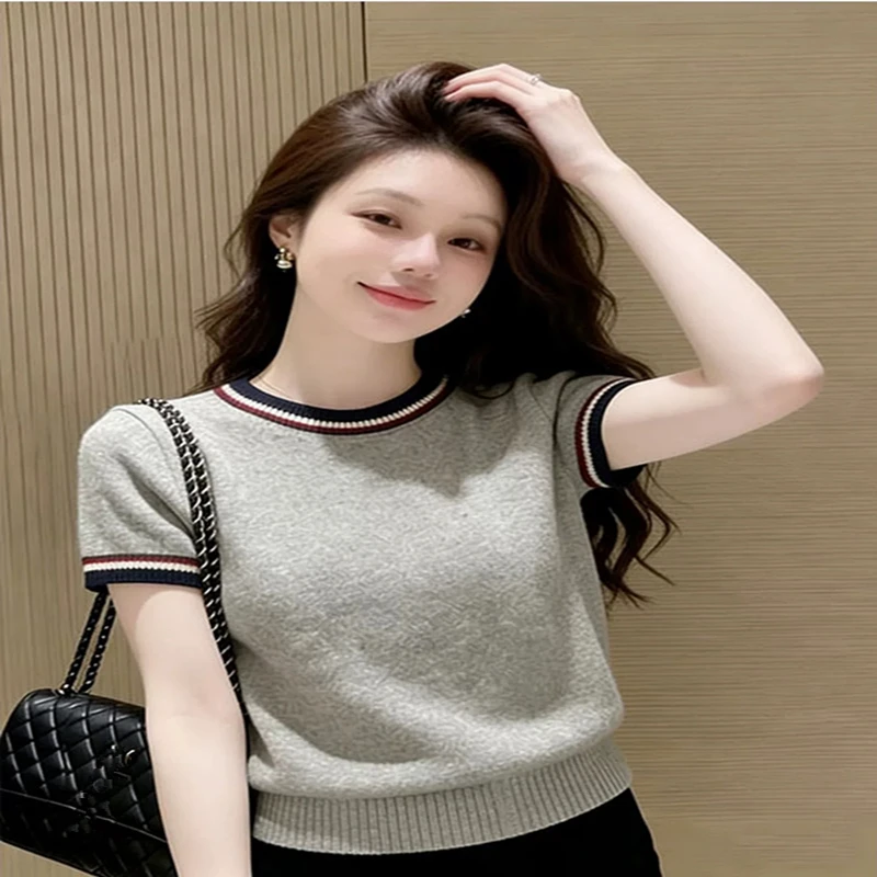 

Женский свитер из 100% чистой шерсти, трикотажный, с круглым вырезом, приталенный, летний, тонкий, с коротким рукавом, новинка