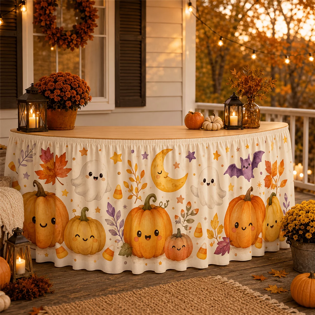 1-piece set tablecloth suitable for Halloween and autumn decoration - cute watercolor pumpkin bat maple leaf tablecloth