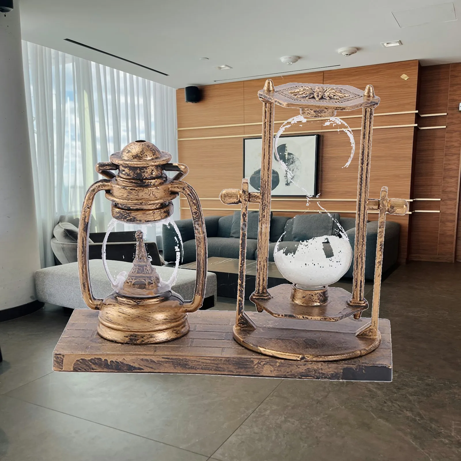 Copper Finish Lantern Hourglass Sand Timer Resin Sculpture for Entryway Table Retro Home Decor Art Unique Gift for Family