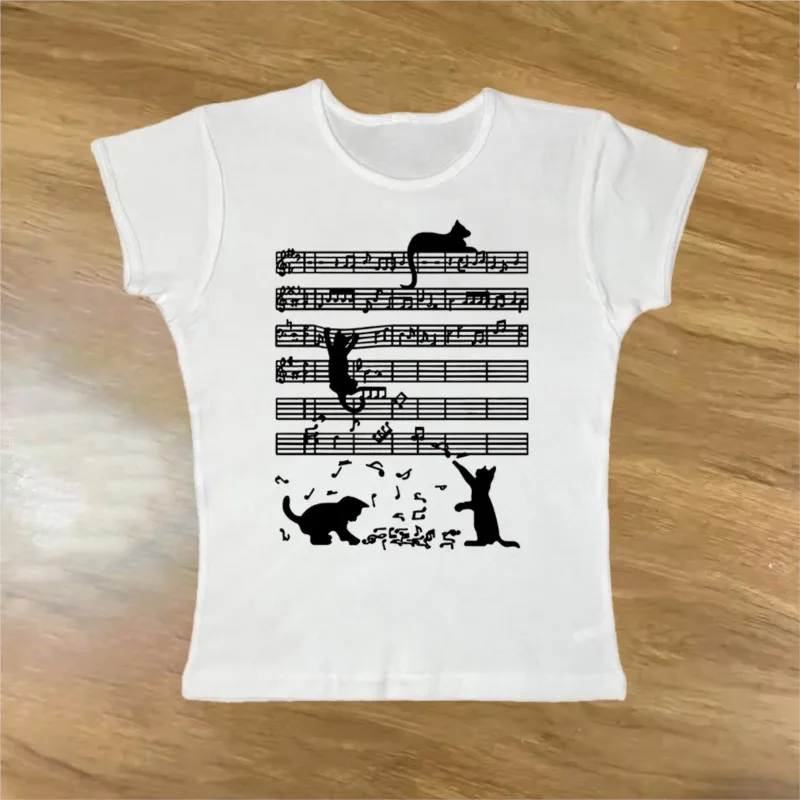 Funny Cat Playing Music Note Clef Musician Print T-Shirts Graphic Casual Streetwear Short Sleeve Birthday Gifts Women Clothes