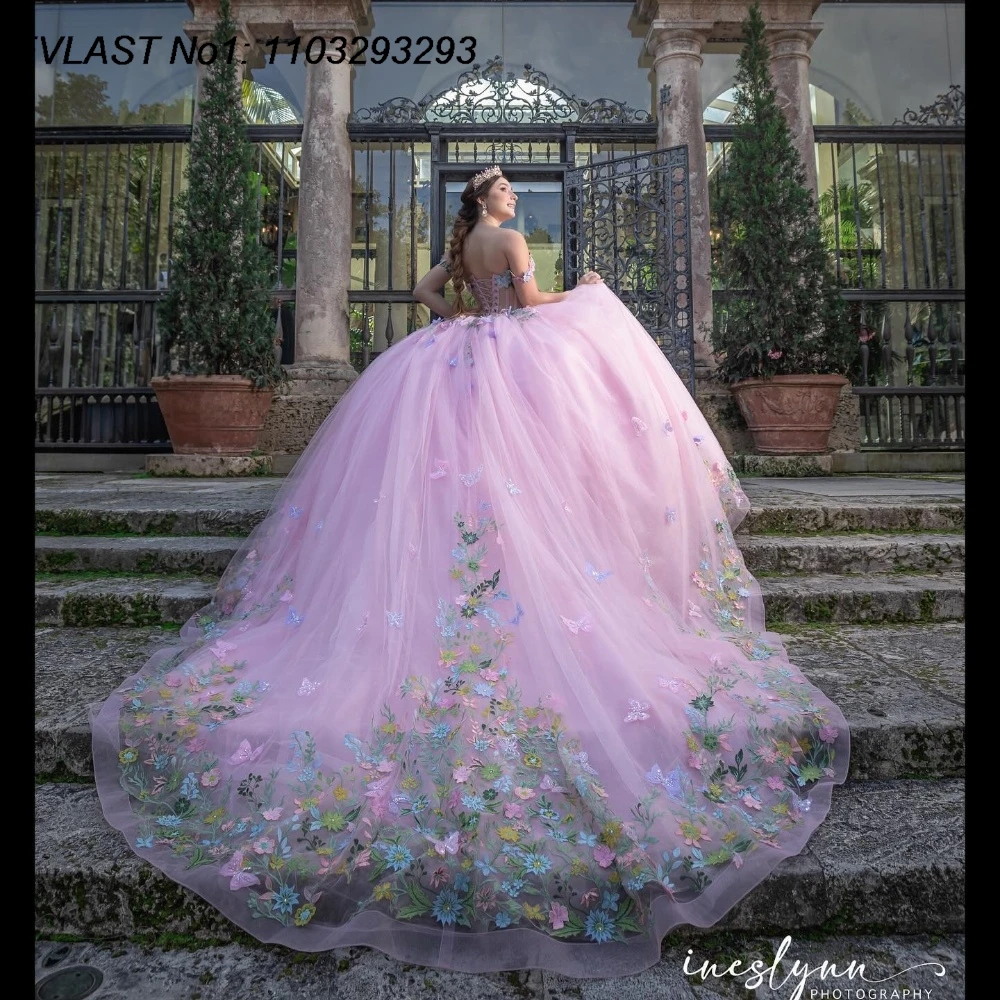 

EVLAST индивидуальное розовое бальное платье 2025 года, платье Quinceanera, красочная цветочная аппликация, расшитое бисером, Sweet 16, Vestidos De 15 Anos E1Q910