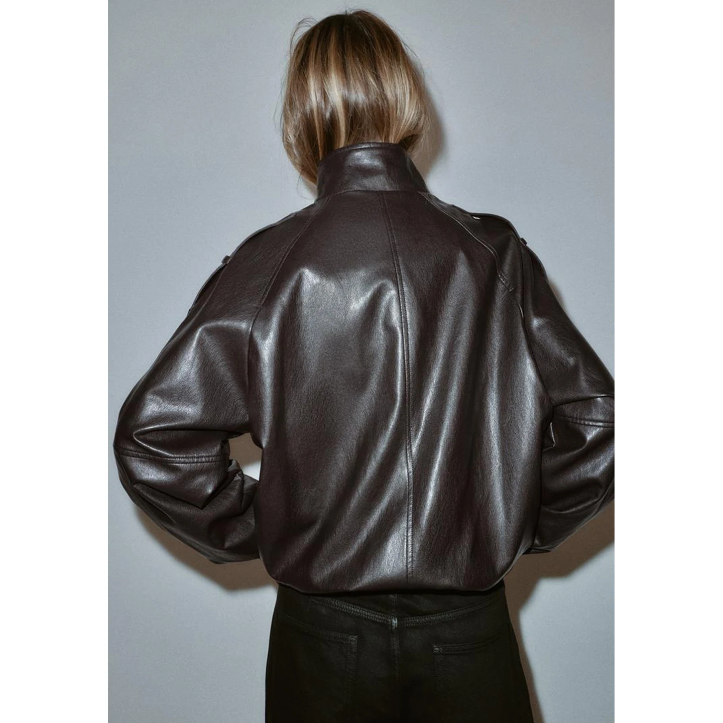 Faionable فضفاض الوقوف طوق طويل Sve بولي Leather الجلود Jaet المرأة ملابس خارجية الخريف الشتاء جديد Sle 638025 ألياف البوليستر #4