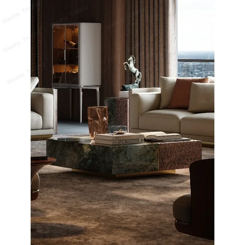 villa large flat floor Italian minimalist square coffee table Square coffee table living room household natural marble